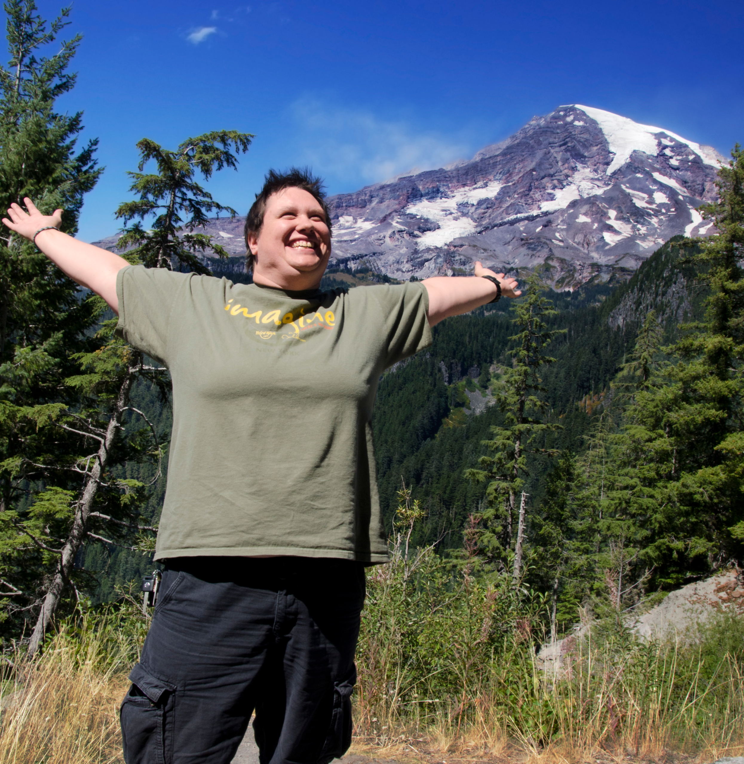 Woman posing in front of Mt. Rainier