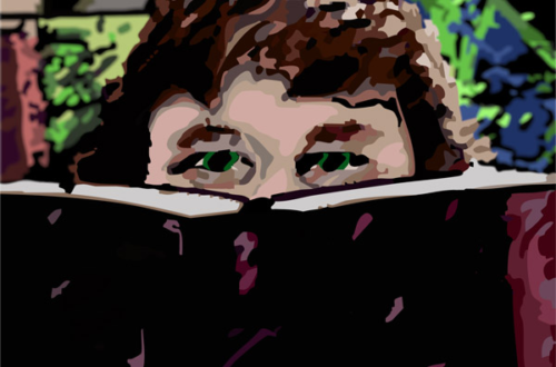 Digital image of author behind a book