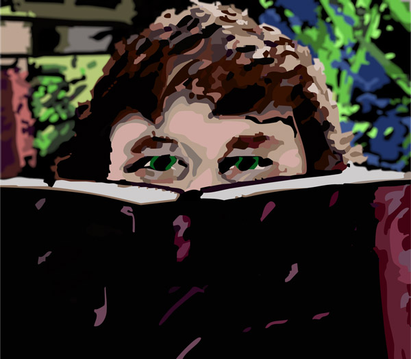 Digital image of author behind a book