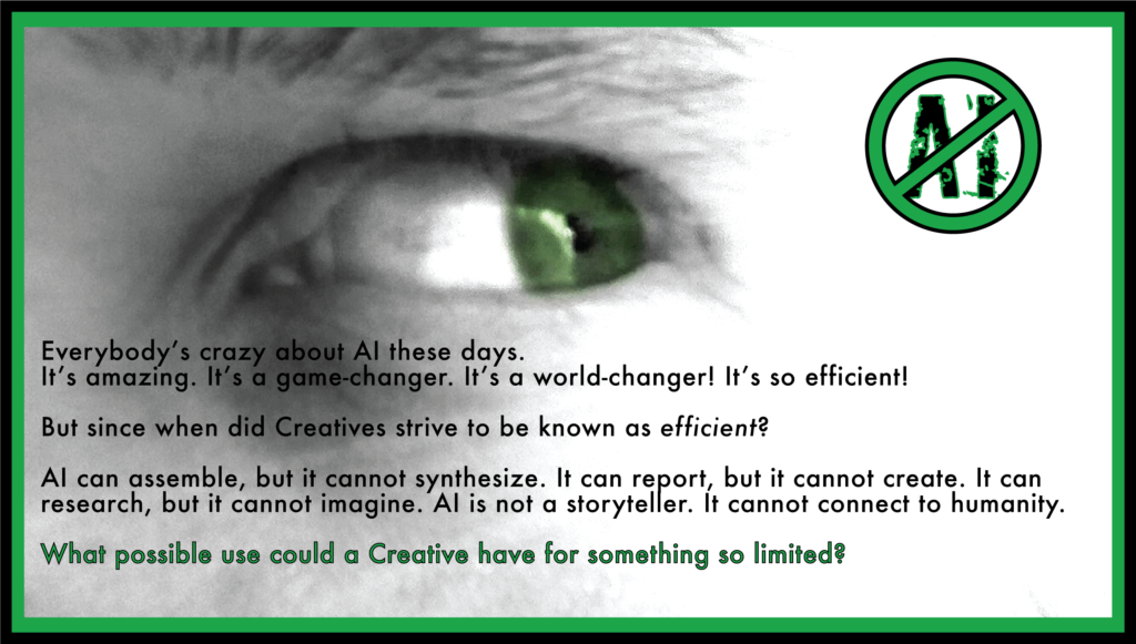 Close-up picture of a green eye with a message about AI
