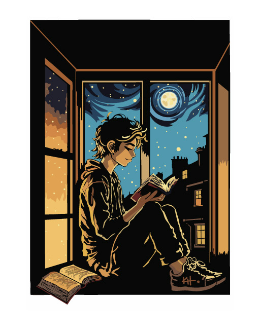 Person sitting on window sill reading